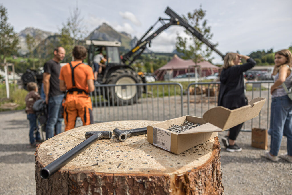 Ein Nagelstock mit Hammer und Nägeln, im Hintergrund ein Forstwart mit dem Forsttraktor
